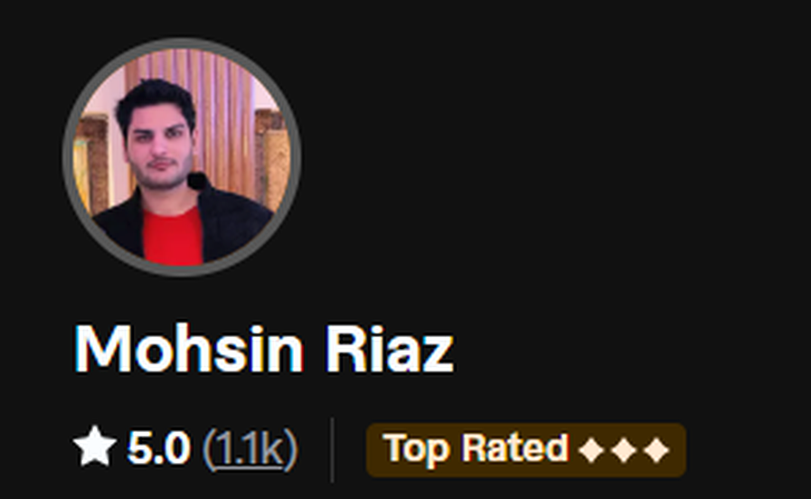 Fiverr profile snapshot showing Mohsin Riaz, a 5.0 rating, thousand-plus reviews, and Top Rated badge